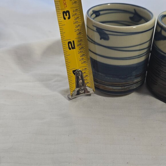 Japanese Yunomi Tea Cups Set‎ 4 Blue Cream Brown Good Hand Painted 3in - Picture 3 of 10